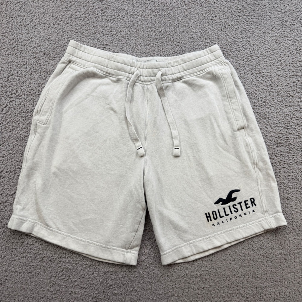 Hollister California Mens M White Embroidered Logo Fleece Sweat Shorts